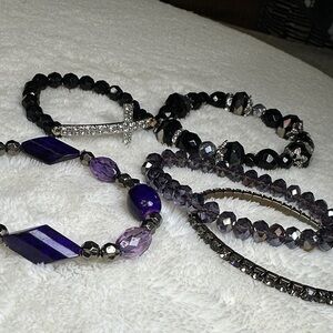 Elegant Black and Purple Beaded Bracelet Set of 5 GUC Beaded Varied Designs